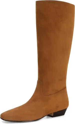 Knee High Boots for Women Square Toe Tall Boots Chunky Low Stacked Heels Long Boots Suede Pull on Wide Calf Comfy Dressy Fashion Casual
