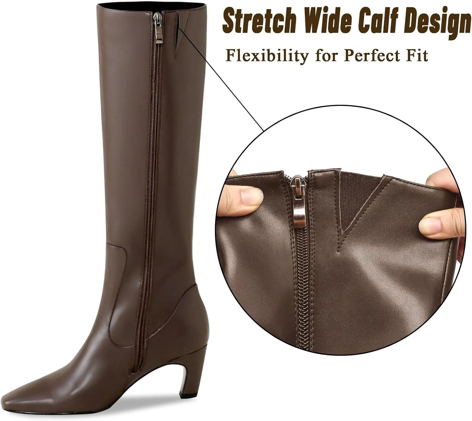 Knee High Boots Women Square Toe Tall Boots Chunky Block heels Long Boots Side Zipper Dress Fashion Boots