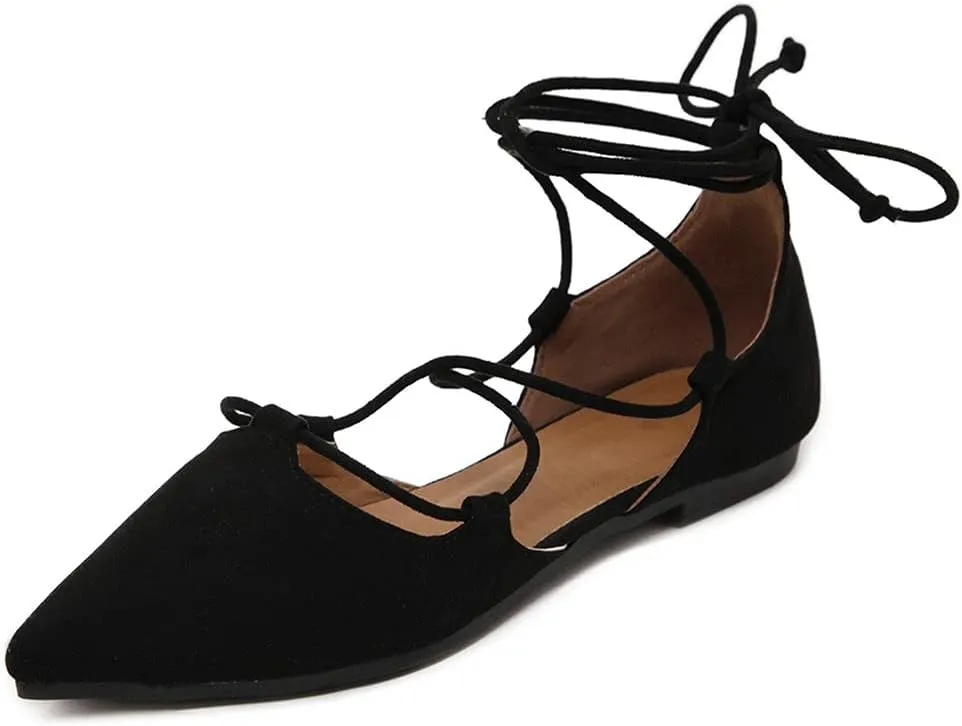 KOKOMOMO Womens Faux Suede Lace Up Ballet Flats Pointed Toe Ballerina Shoes