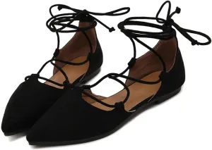 KOKOMOMO Womens Faux Suede Lace Up Ballet Flats Pointed Toe Ballerina Shoes
