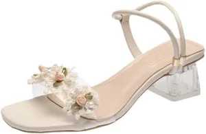KOKOMOMO Womens Flower Open Toe Chunky Heel Mules Double Strap Sandals