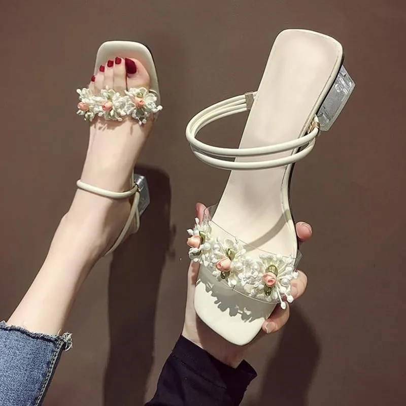 KOKOMOMO Womens Flower Open Toe Chunky Heel Mules Double Strap Sandals