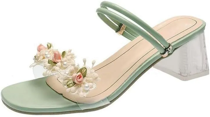 KOKOMOMO Womens Flower Open Toe Chunky Heel Mules Double Strap Sandals