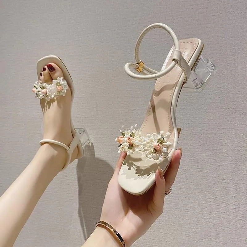 KOKOMOMO Womens Flower Open Toe Chunky Heel Mules Double Strap Sandals