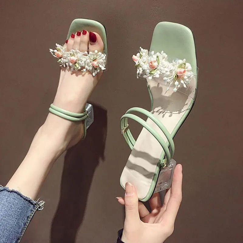 KOKOMOMO Womens Flower Open Toe Chunky Heel Mules Double Strap Sandals
