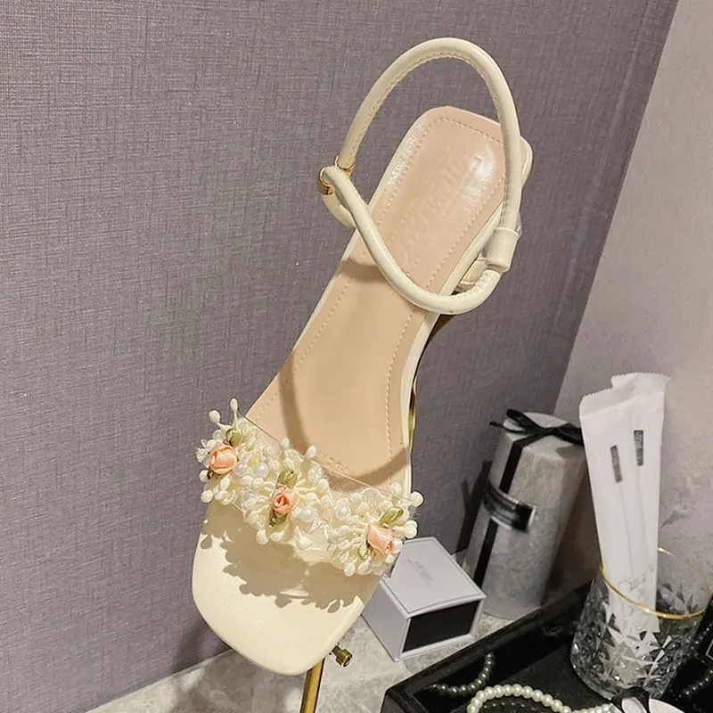 KOKOMOMO Womens Flower Open Toe Chunky Heel Mules Double Strap Sandals