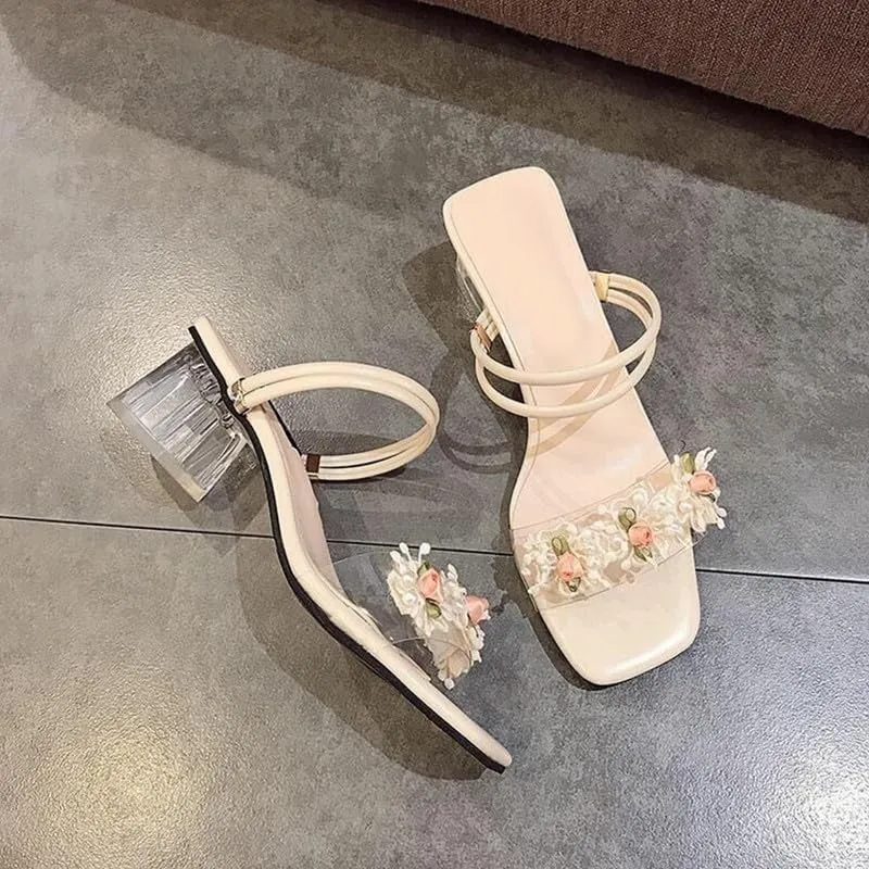 KOKOMOMO Womens Flower Open Toe Chunky Heel Mules Double Strap Sandals