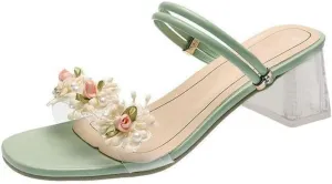 KOKOMOMO Womens Flower Open Toe Chunky Heel Mules Double Strap Sandals