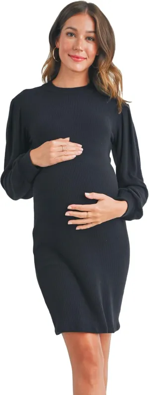 LaClef Womens Long Puff Sleeve Ribbed Knit Maternity Sweater Dress