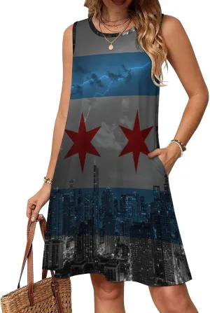 Lighting and Chicago Flag Women's Summer Dress Sleeveless Casual Loose Beach Vacation Tank Sundress