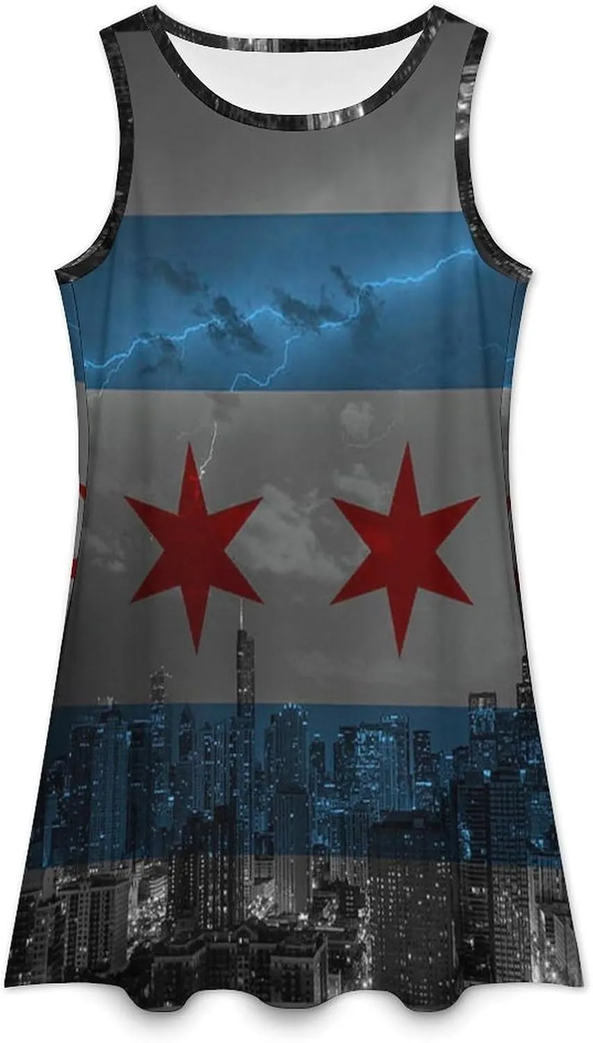 Lighting and Chicago Flag Women's Summer Dress Sleeveless Casual Loose Beach Vacation Tank Sundress