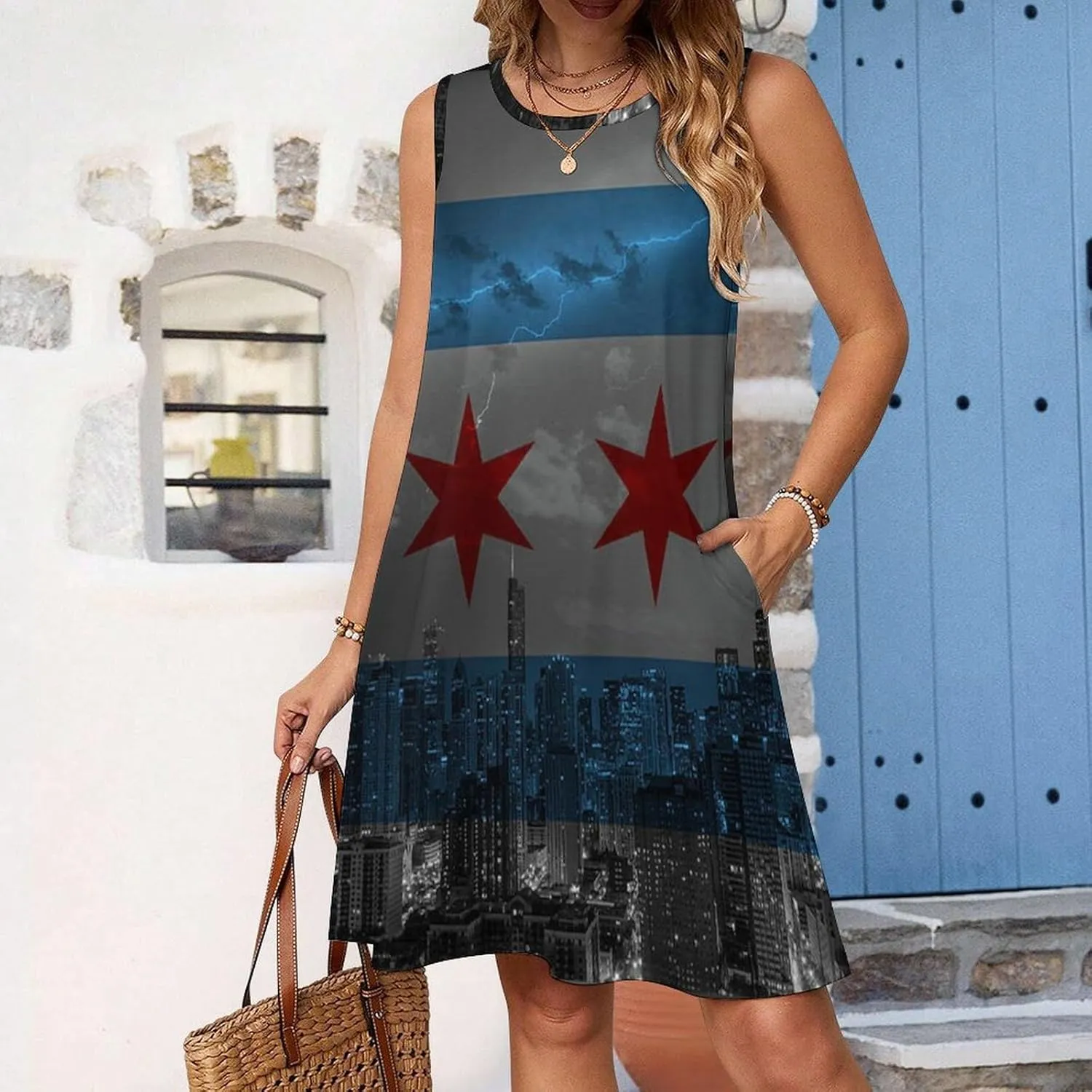 Lighting and Chicago Flag Women's Summer Dress Sleeveless Casual Loose Beach Vacation Tank Sundress