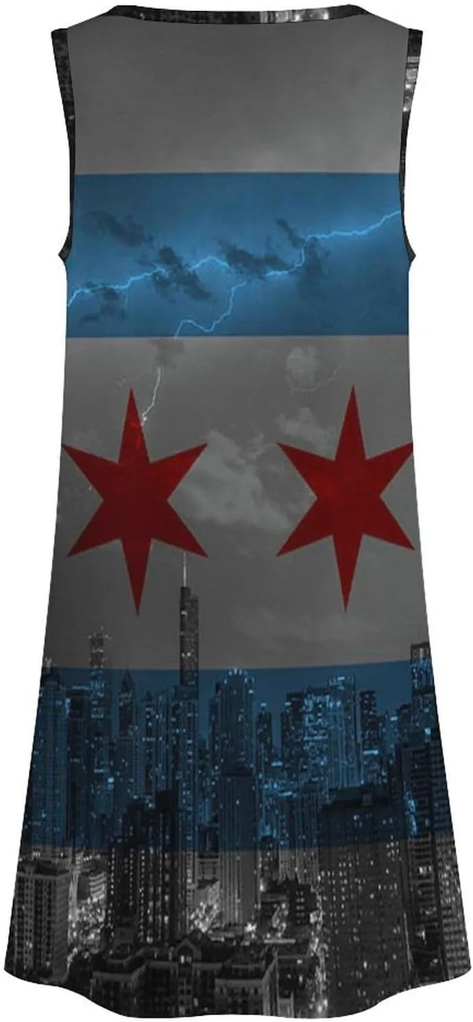Lighting and Chicago Flag Women's Summer Dress Sleeveless Casual Loose Beach Vacation Tank Sundress