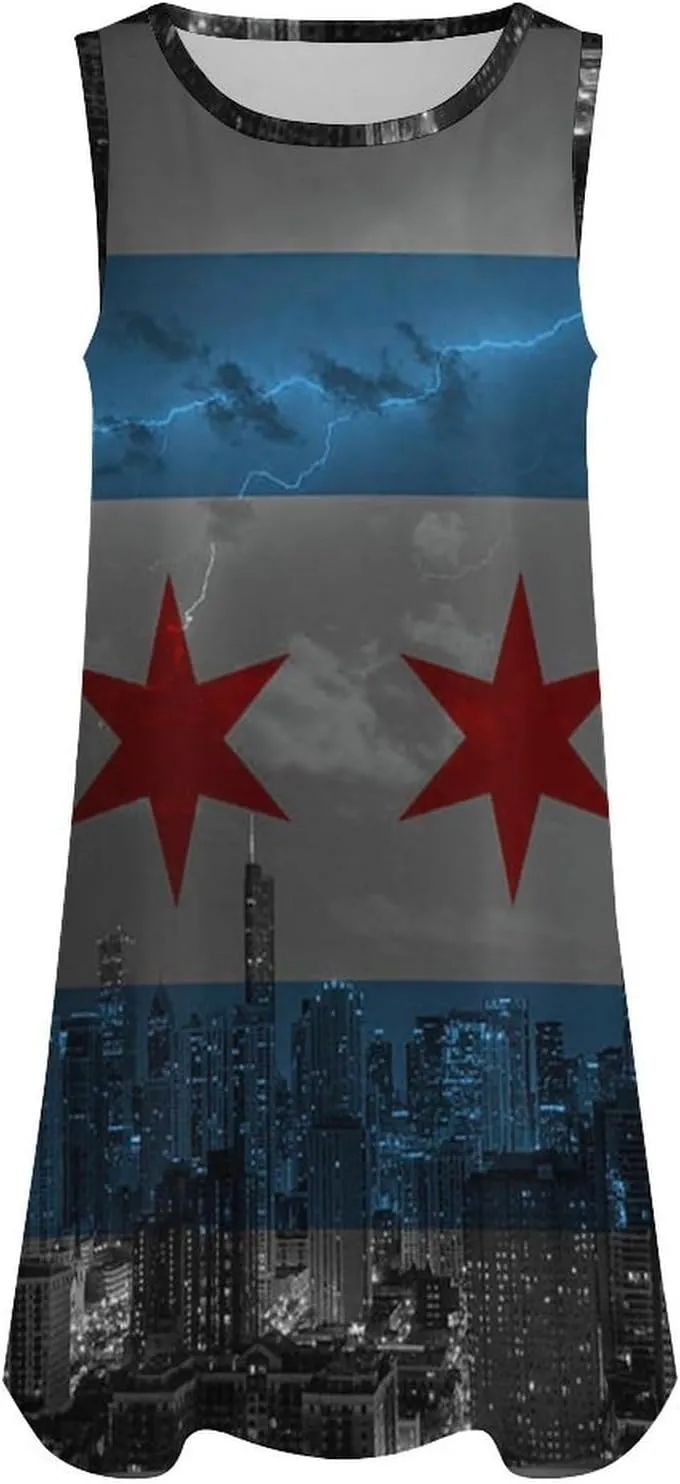 Lighting and Chicago Flag Women's Summer Dress Sleeveless Casual Loose Beach Vacation Tank Sundress