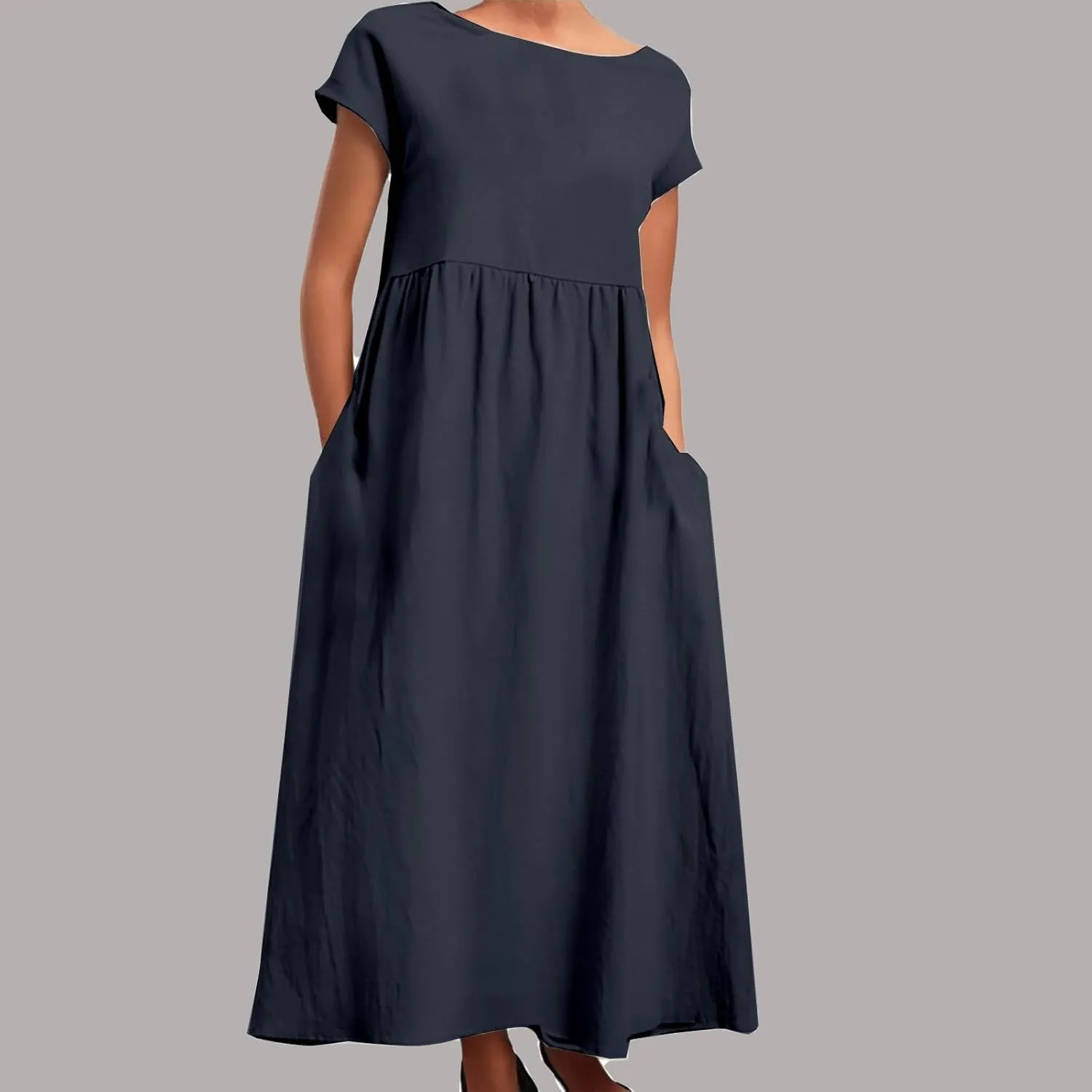 Linen Maxi Dress for Women Short Sleeve Crewneck Flowy Sundress Beach Dresses with Pockets Summer Trendy 2025