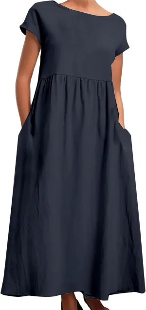 Linen Maxi Dress for Women Short Sleeve Crewneck Flowy Sundress Beach Dresses with Pockets Summer Trendy 2025