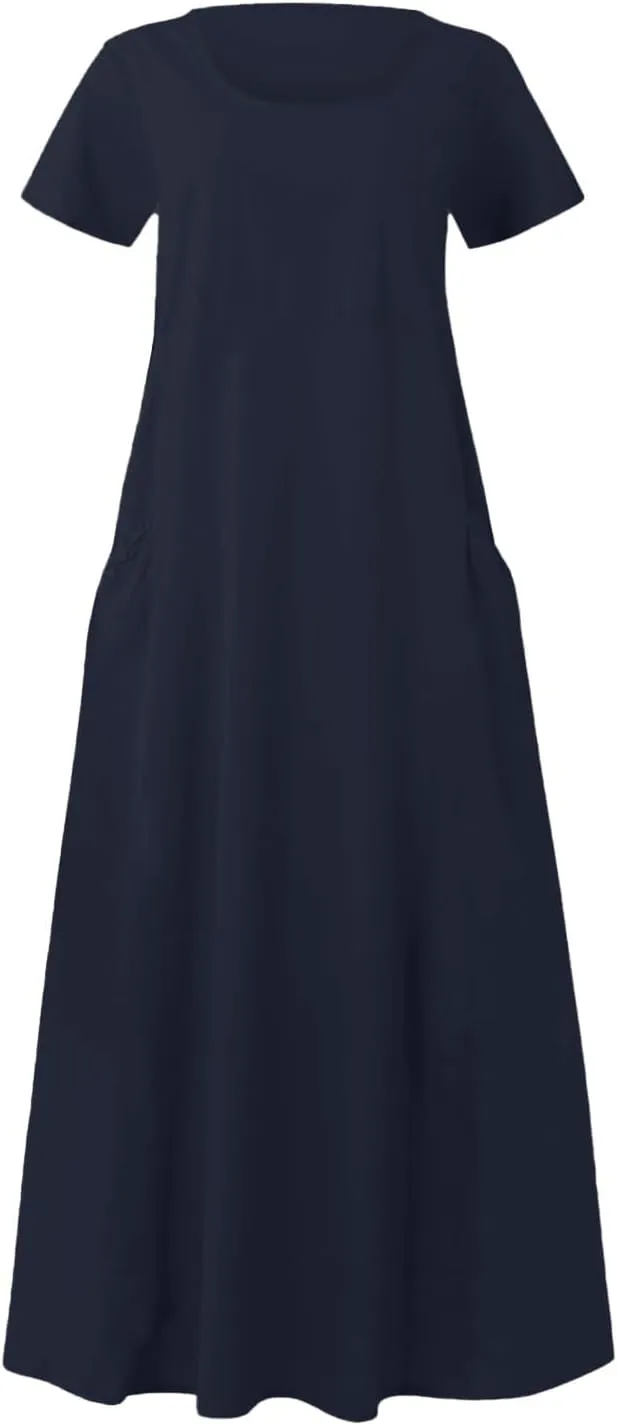 Linen Maxi Dress for Women Short Sleeve Crewneck Flowy Sundress Beach Dresses with Pockets Summer Trendy 2025