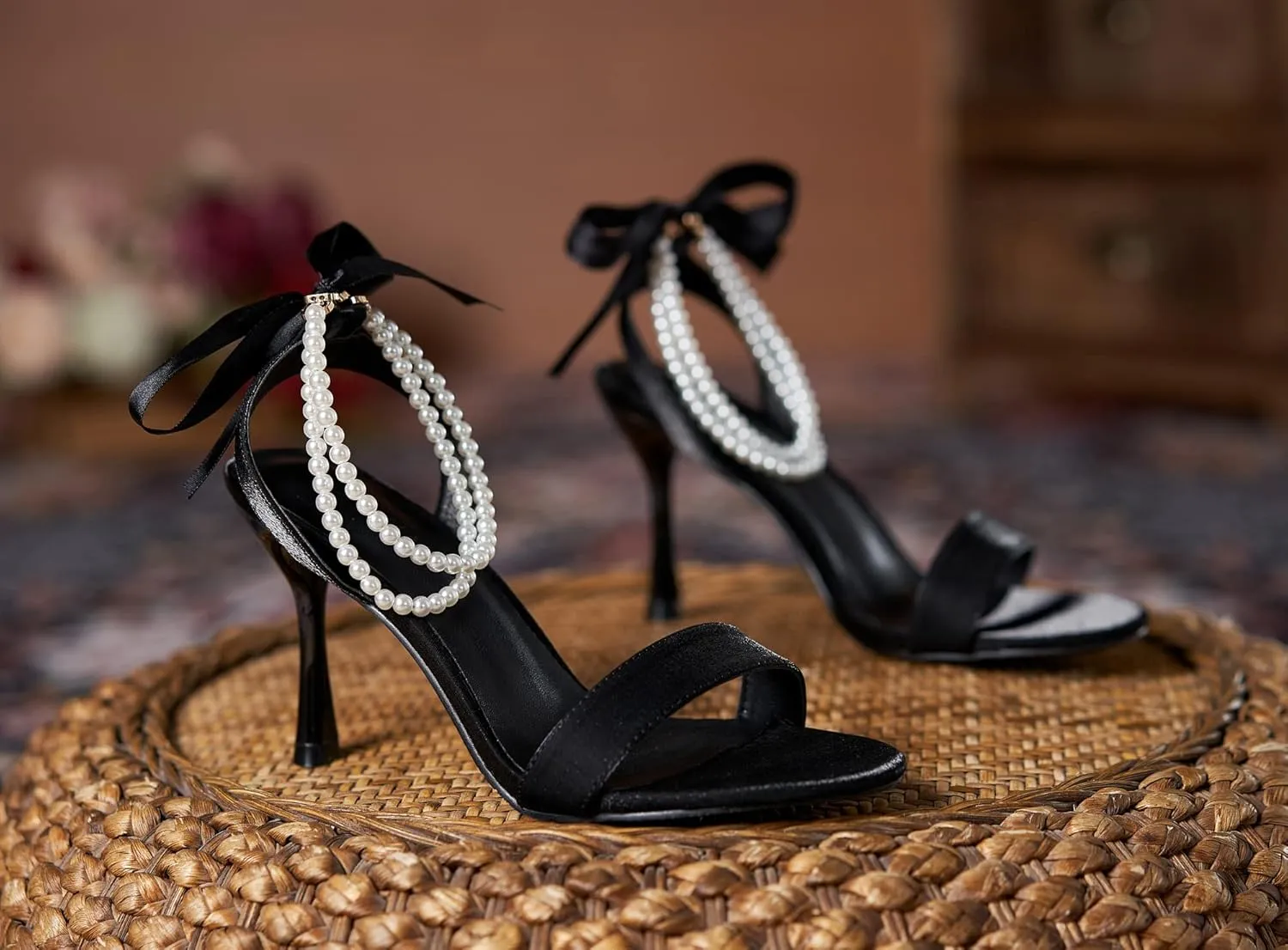 LizFoYa Women Single Straps Wedding Sandals Bows Tie Evening High Heels Pearls Bridal Party Princess Heels