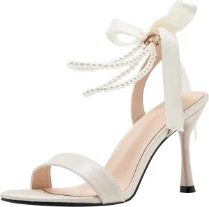 LizFoYa Women Single Straps Wedding Sandals Bows Tie Evening High Heels Pearls Bridal Party Princess Heels