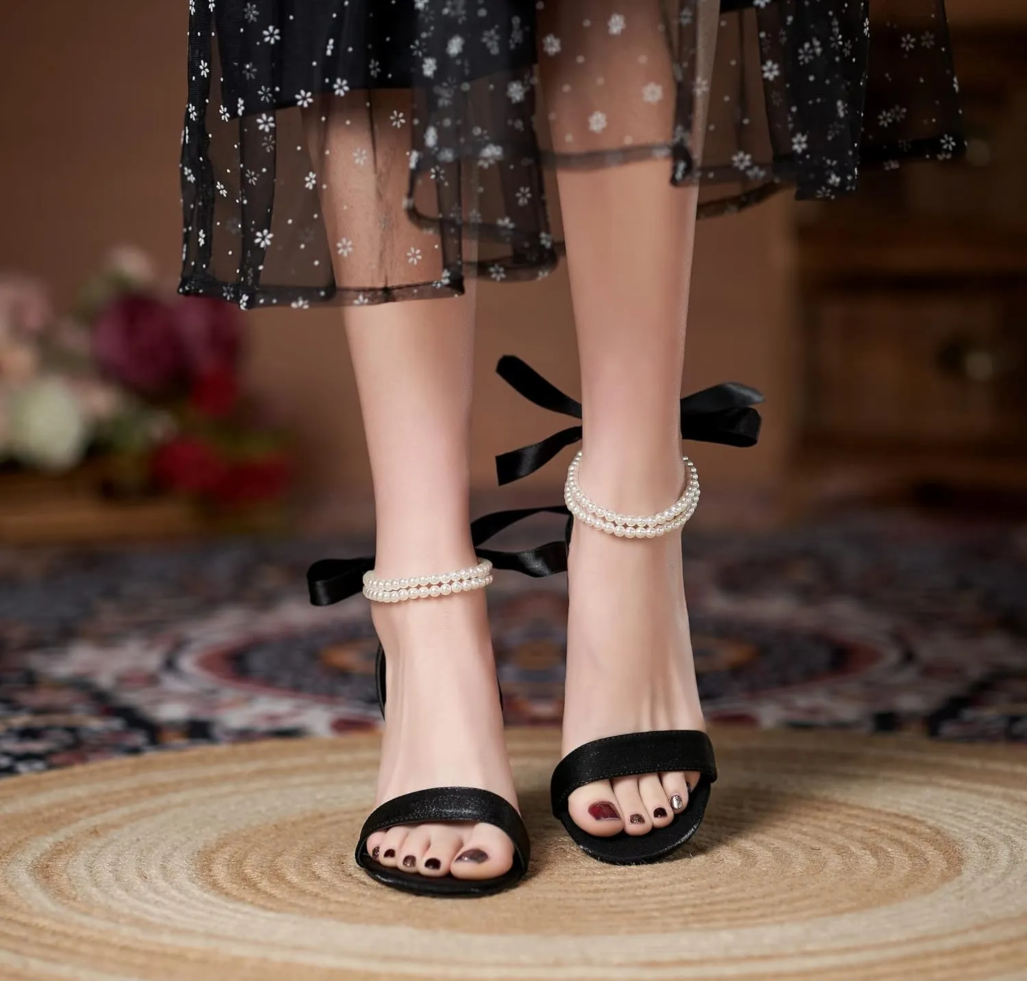 LizFoYa Women Single Straps Wedding Sandals Bows Tie Evening High Heels Pearls Bridal Party Princess Heels
