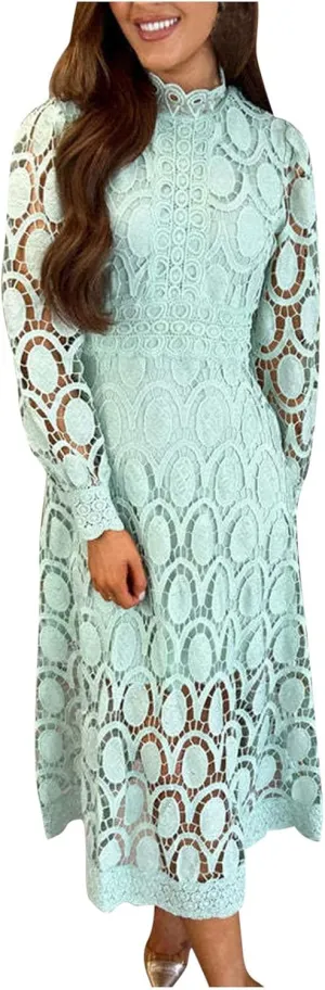 Long Dresses for Women Formal Party Long Sleeve Plain Lace Dress Causal Dressy Empire Waist Fall Dress Trendy Clothes