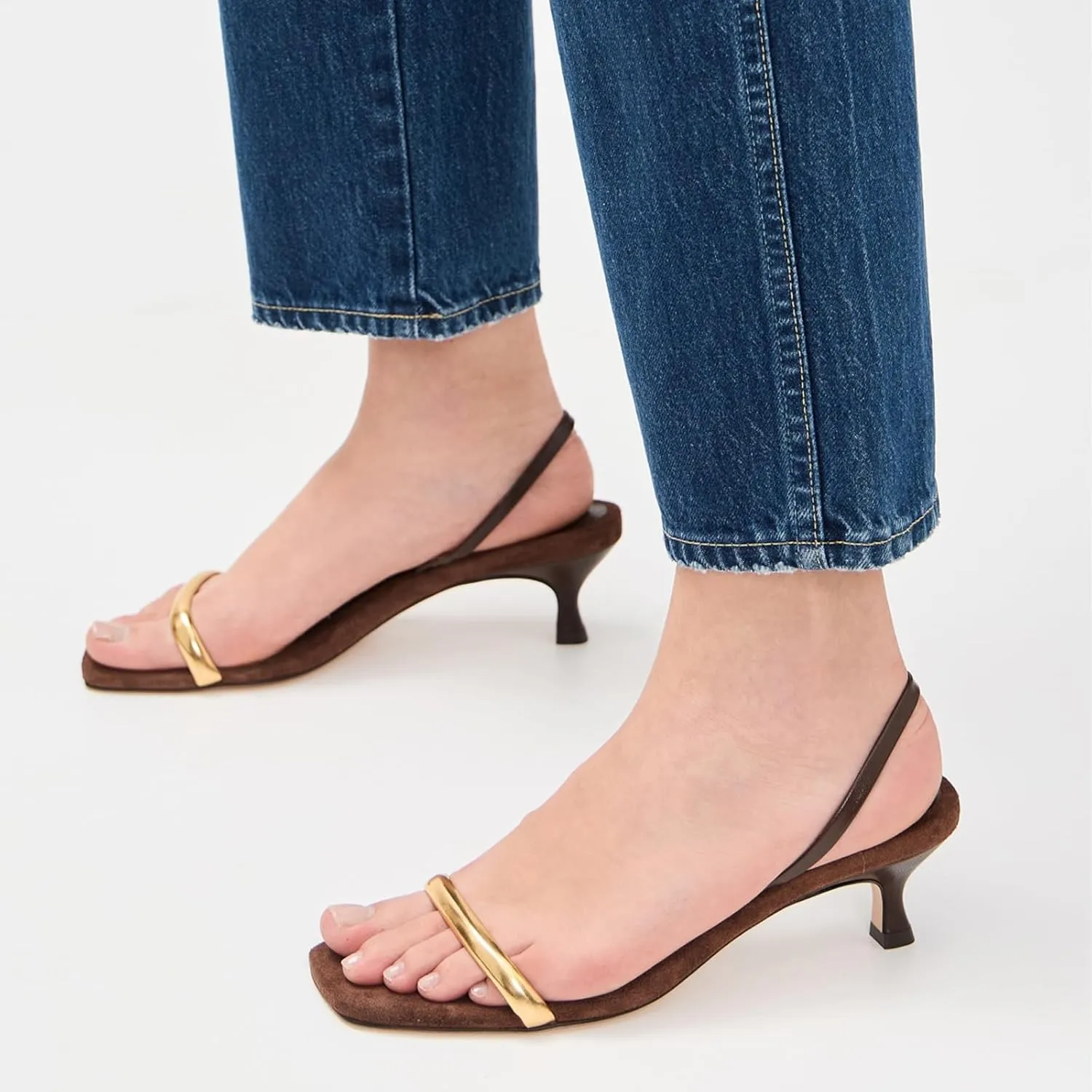 Low Kitten Heel Sandals for Women Open Toe Metallic Finish Sandals One Strap Slip on Backless Summer Comfortable Fashion Dressy Shoes
