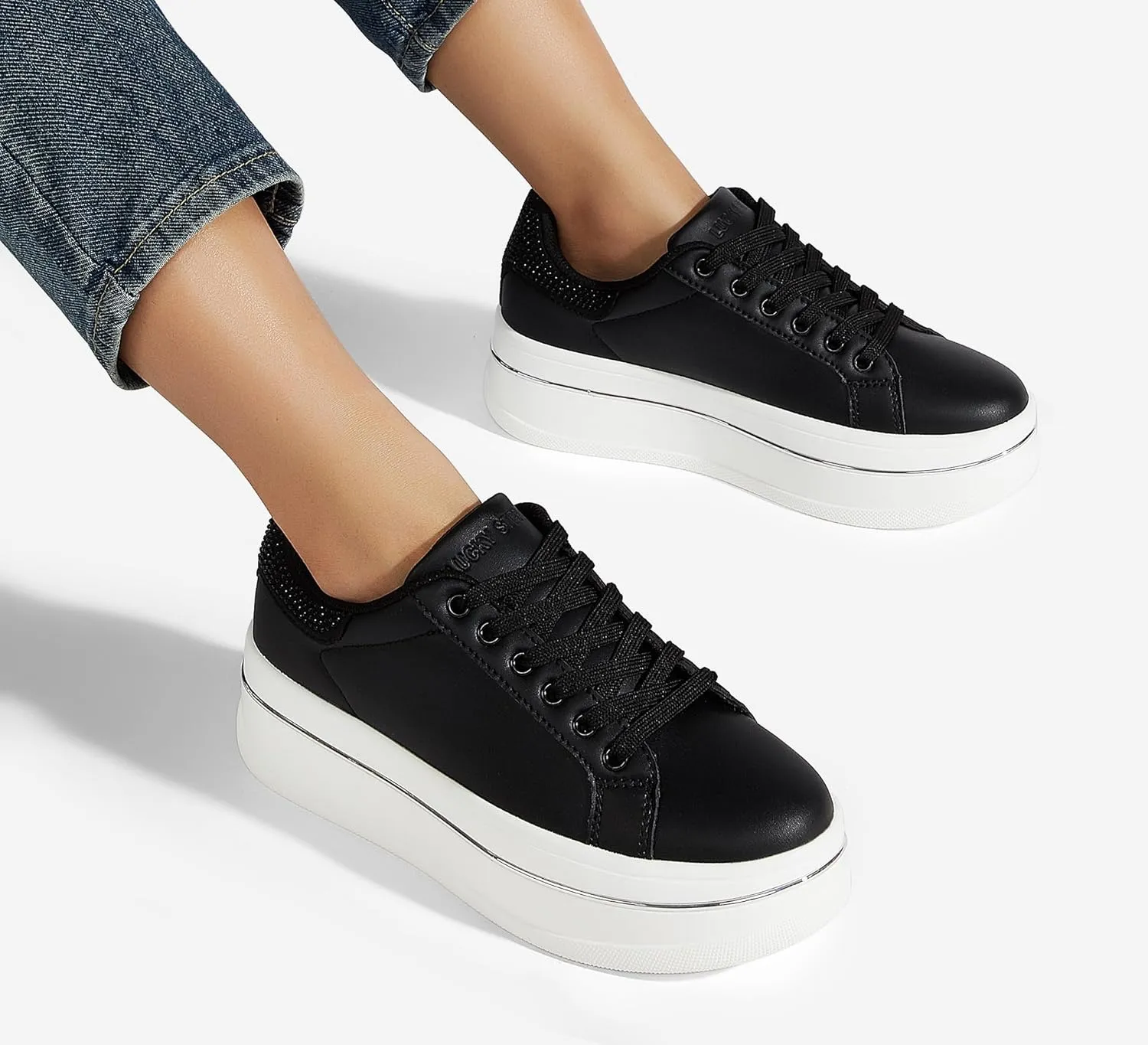 LUCKY STEP Women's Chunky Fashion Sneakers High Platform Rhinestone Butterfly Casual Faux Leather Durable Walking Tennis Shoes