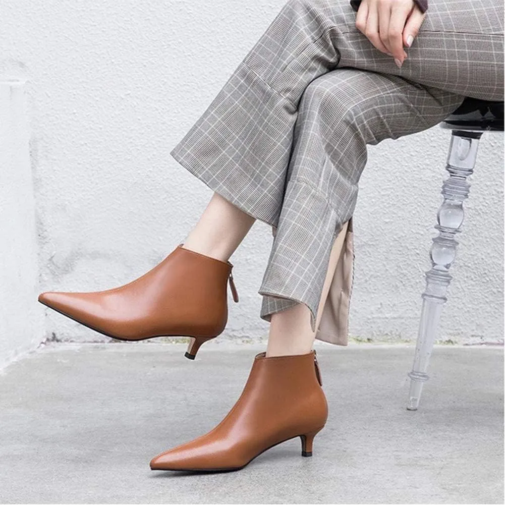 Lutalica W Women's Fashion Pointed Toe Matte Leather Zip Up Comfort Low Kitten Heel Dress Ankle Boots