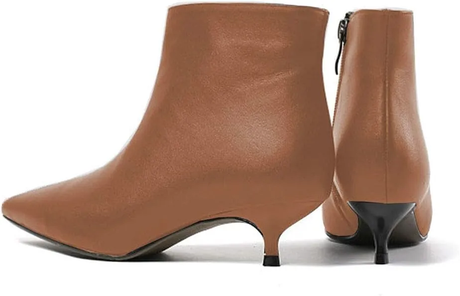 Lutalica W Women's Fashion Pointed Toe Matte Leather Zip Up Comfort Low Kitten Heel Dress Ankle Boots