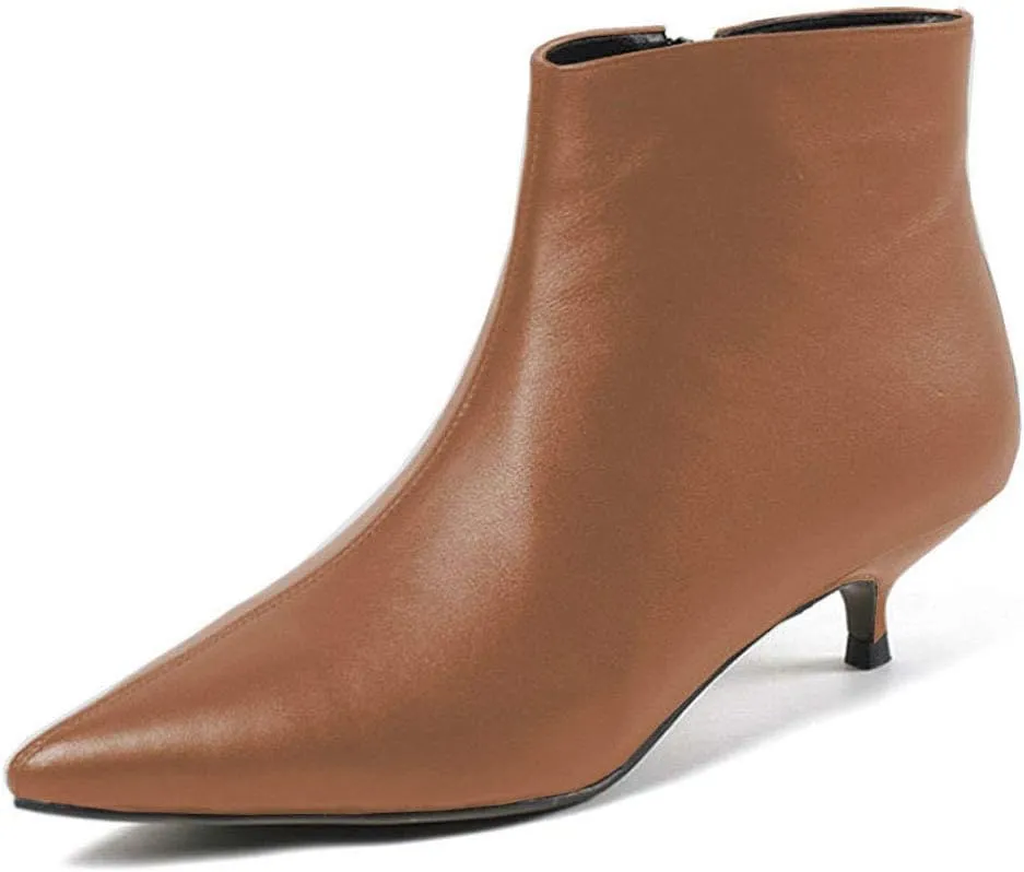 Lutalica W Women's Fashion Pointed Toe Matte Leather Zip Up Comfort Low Kitten Heel Dress Ankle Boots