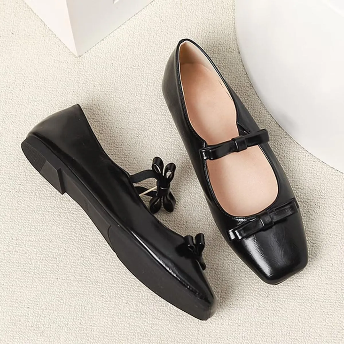 LUXINYU Women Mary Jane Elegant Dressy Square Toe Buckle Ankle Strap Microfiber Upper Solid Color Comfortable Low Heel Daily Walking Shoes Work Flats Prom Party Shoes