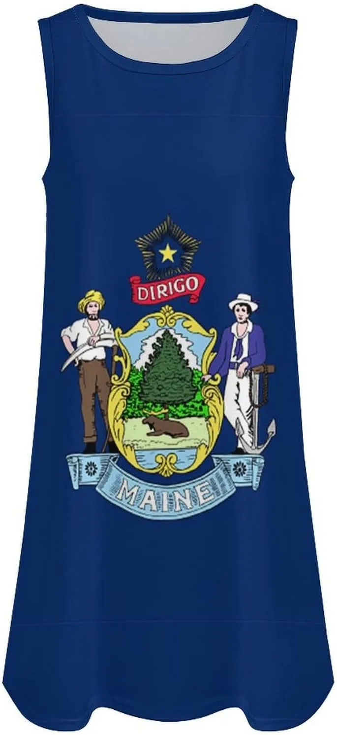 Maine State Flag Women's Summer Dress Sleeveless Casual Loose Beach Vacation Tank Sundress