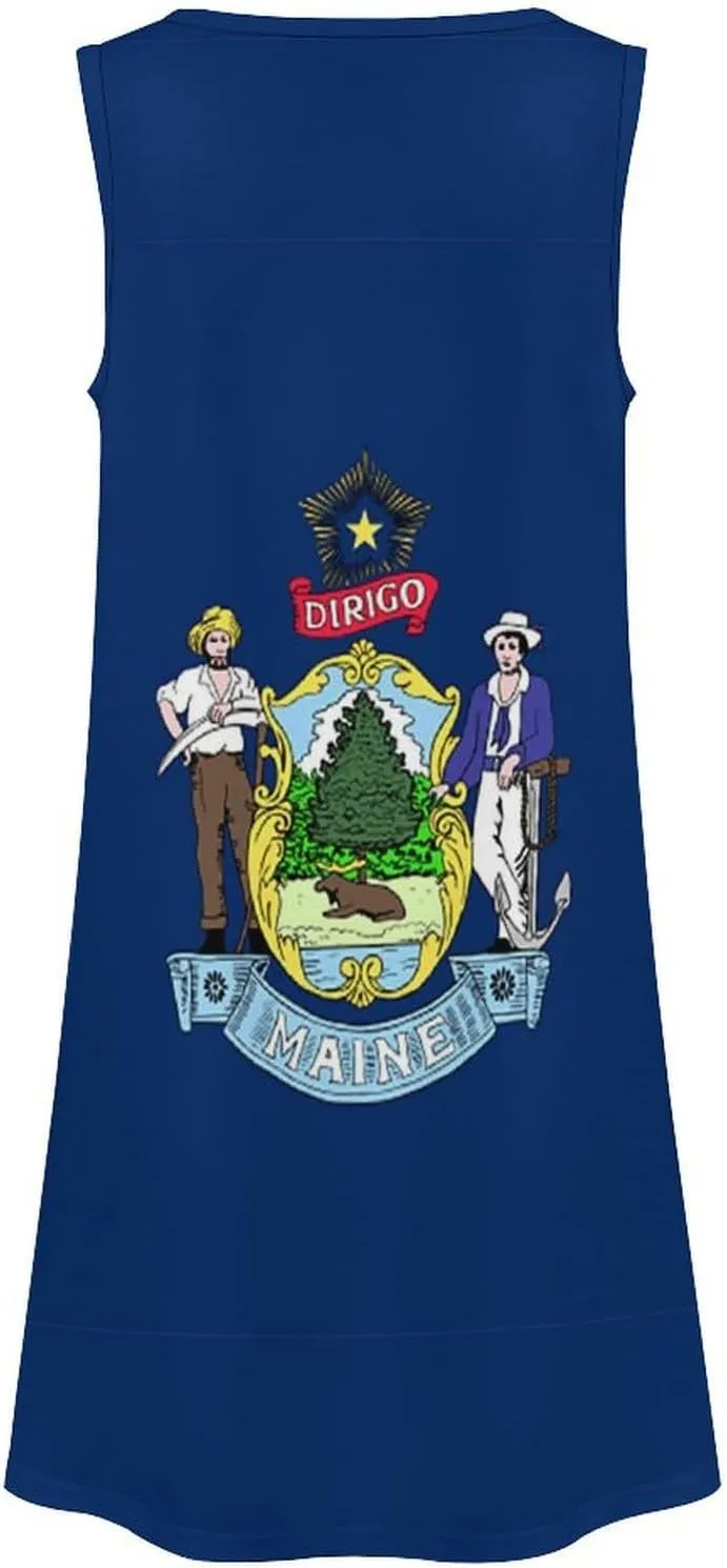 Maine State Flag Women's Summer Dress Sleeveless Casual Loose Beach Vacation Tank Sundress