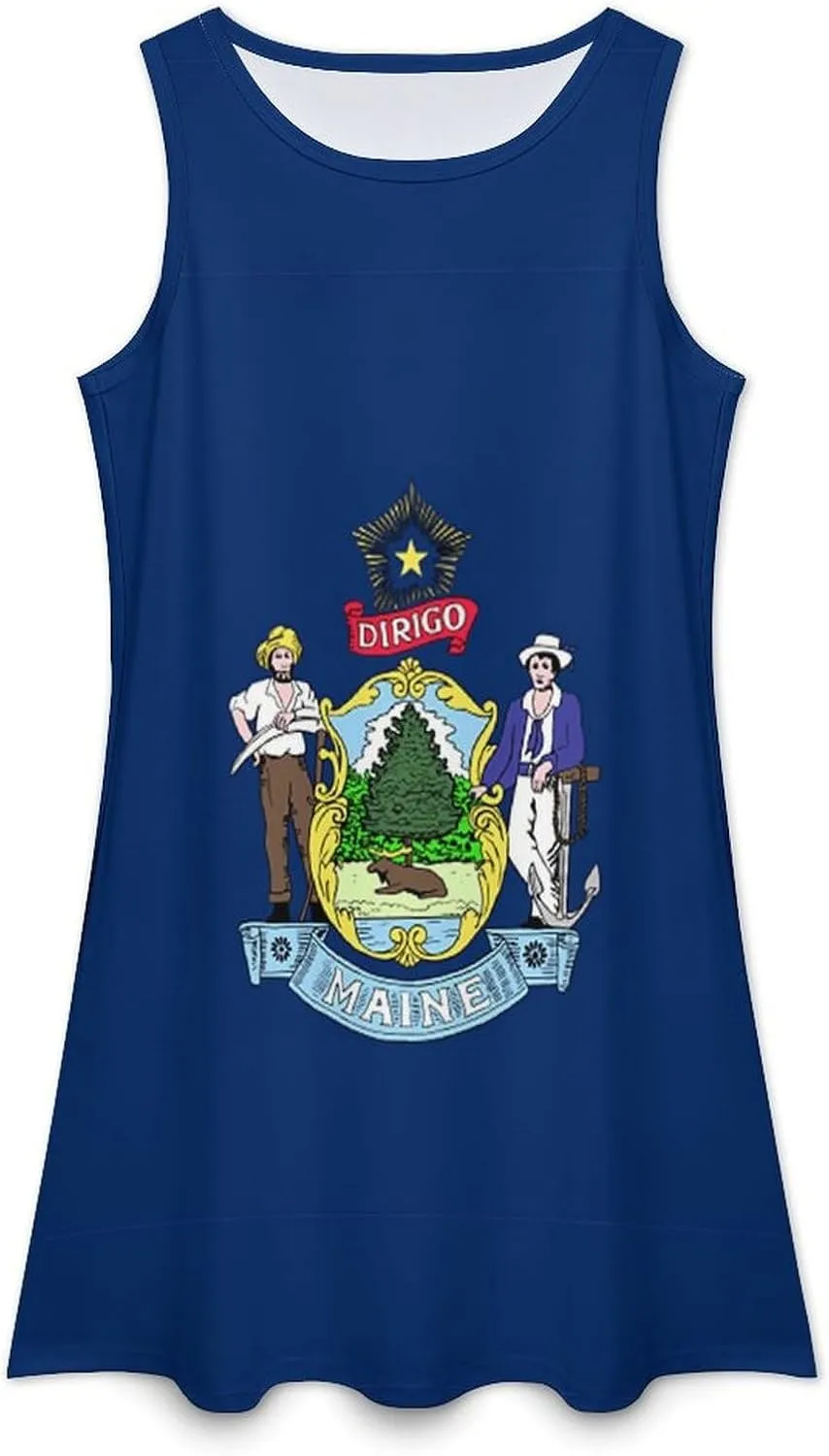 Maine State Flag Women's Summer Dress Sleeveless Casual Loose Beach Vacation Tank Sundress