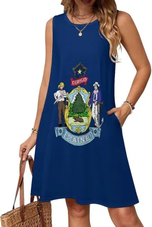 Maine State Flag Women's Summer Dress Sleeveless Casual Loose Beach Vacation Tank Sundress