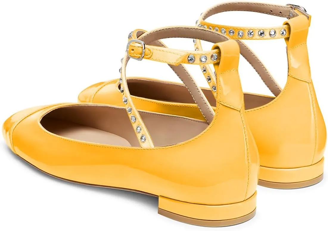 Maiyang Women Lovely Round Cap Toe Rhinestone Strappy Mary Jane Pumps Cross Ankle Strap Low Heel Ballroom Party Dress Ballet Flats Size 4-16 US