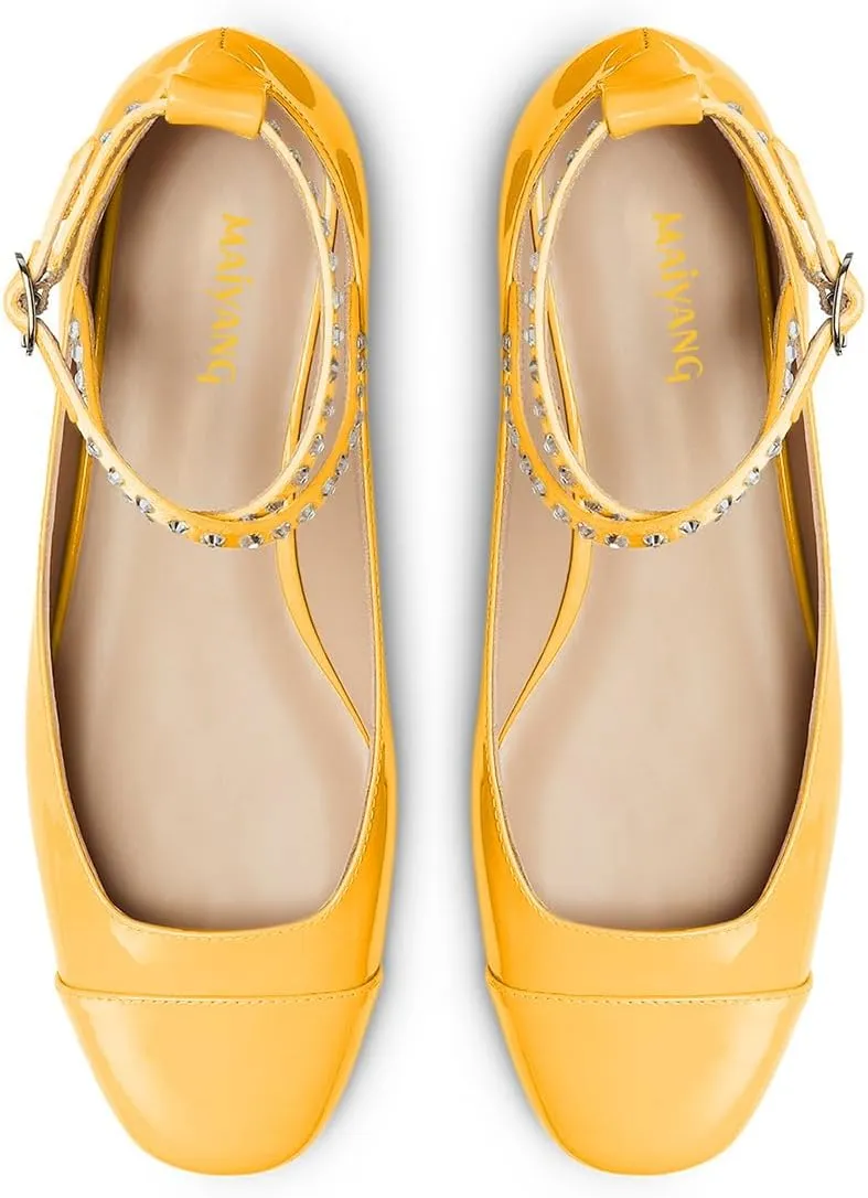 Maiyang Women Lovely Round Cap Toe Rhinestone Strappy Mary Jane Pumps Cross Ankle Strap Low Heel Ballroom Party Dress Ballet Flats Size 4-16 US