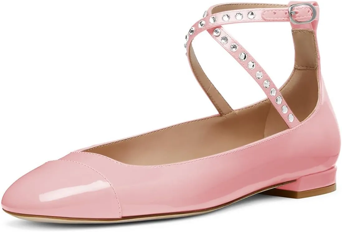 Maiyang Women Lovely Round Cap Toe Rhinestone Strappy Mary Jane Pumps Cross Ankle Strap Low Heel Ballroom Party Dress Ballet Flats Size 4-16 US