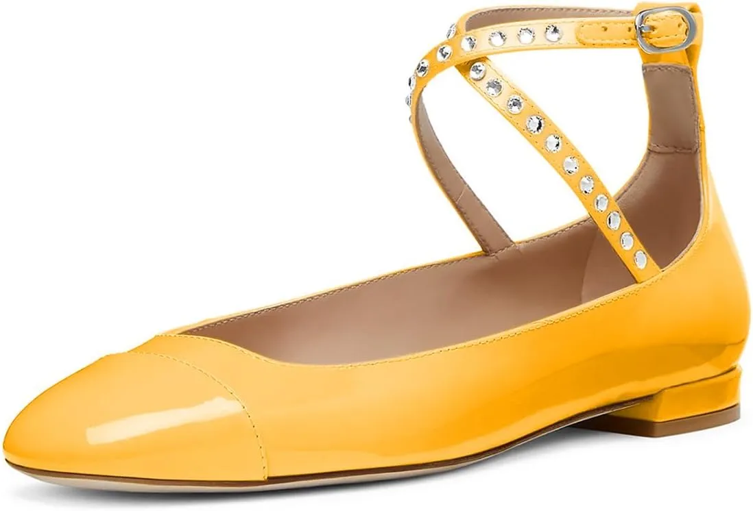 Maiyang Women Lovely Round Cap Toe Rhinestone Strappy Mary Jane Pumps Cross Ankle Strap Low Heel Ballroom Party Dress Ballet Flats Size 4-16 US