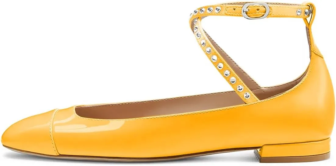 Maiyang Women Lovely Round Cap Toe Rhinestone Strappy Mary Jane Pumps Cross Ankle Strap Low Heel Ballroom Party Dress Ballet Flats Size 4-16 US