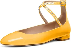 Maiyang Women Lovely Round Cap Toe Rhinestone Strappy Mary Jane Pumps Cross Ankle Strap Low Heel Ballroom Party Dress Ballet Flats Size 4-16 US