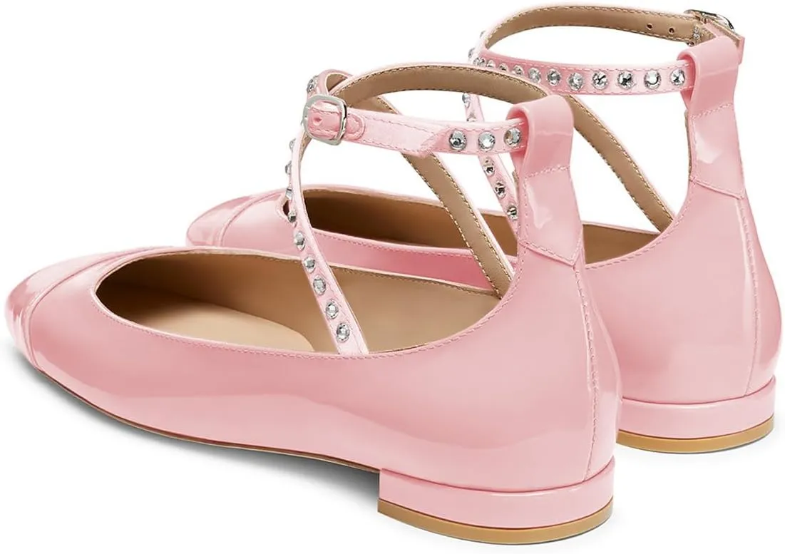 Maiyang Women Lovely Round Cap Toe Rhinestone Strappy Mary Jane Pumps Cross Ankle Strap Low Heel Ballroom Party Dress Ballet Flats Size 4-16 US