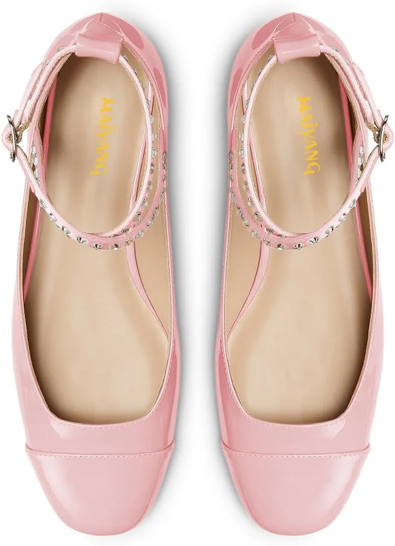 Maiyang Women Lovely Round Cap Toe Rhinestone Strappy Mary Jane Pumps Cross Ankle Strap Low Heel Ballroom Party Dress Ballet Flats Size 4-16 US