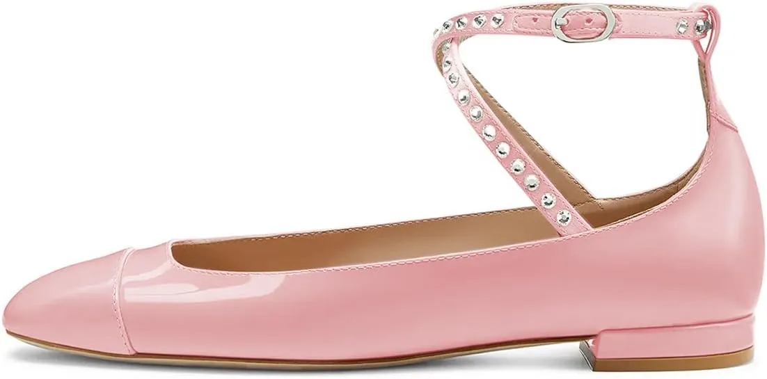 Maiyang Women Lovely Round Cap Toe Rhinestone Strappy Mary Jane Pumps Cross Ankle Strap Low Heel Ballroom Party Dress Ballet Flats Size 4-16 US