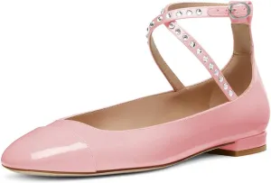 Maiyang Women Lovely Round Cap Toe Rhinestone Strappy Mary Jane Pumps Cross Ankle Strap Low Heel Ballroom Party Dress Ballet Flats Size 4-16 US
