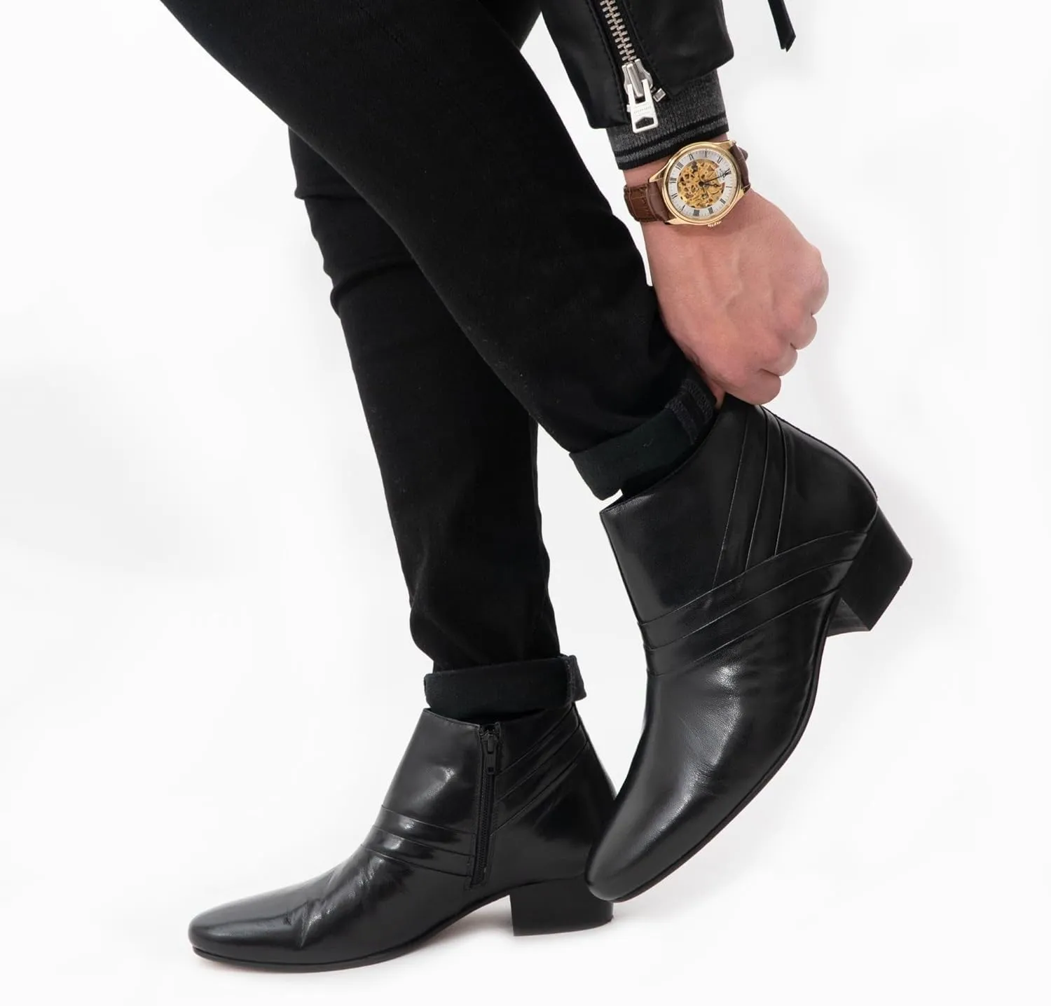 MARIO Mens Leather Cuban Heel Boots Black