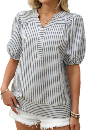 Melliflo Women's Summer Puff Sleeve Striped Shirt Casual Loose Blouses Striped Tunics Top Cute Babydoll Loose V Neck Tops