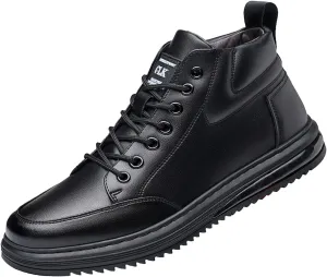 Men's Black Casual Cowhide Air Cushion Shoes,Fall Winter Mid-top Lace-up Softsole Ankle Boots Fashion Sneakers