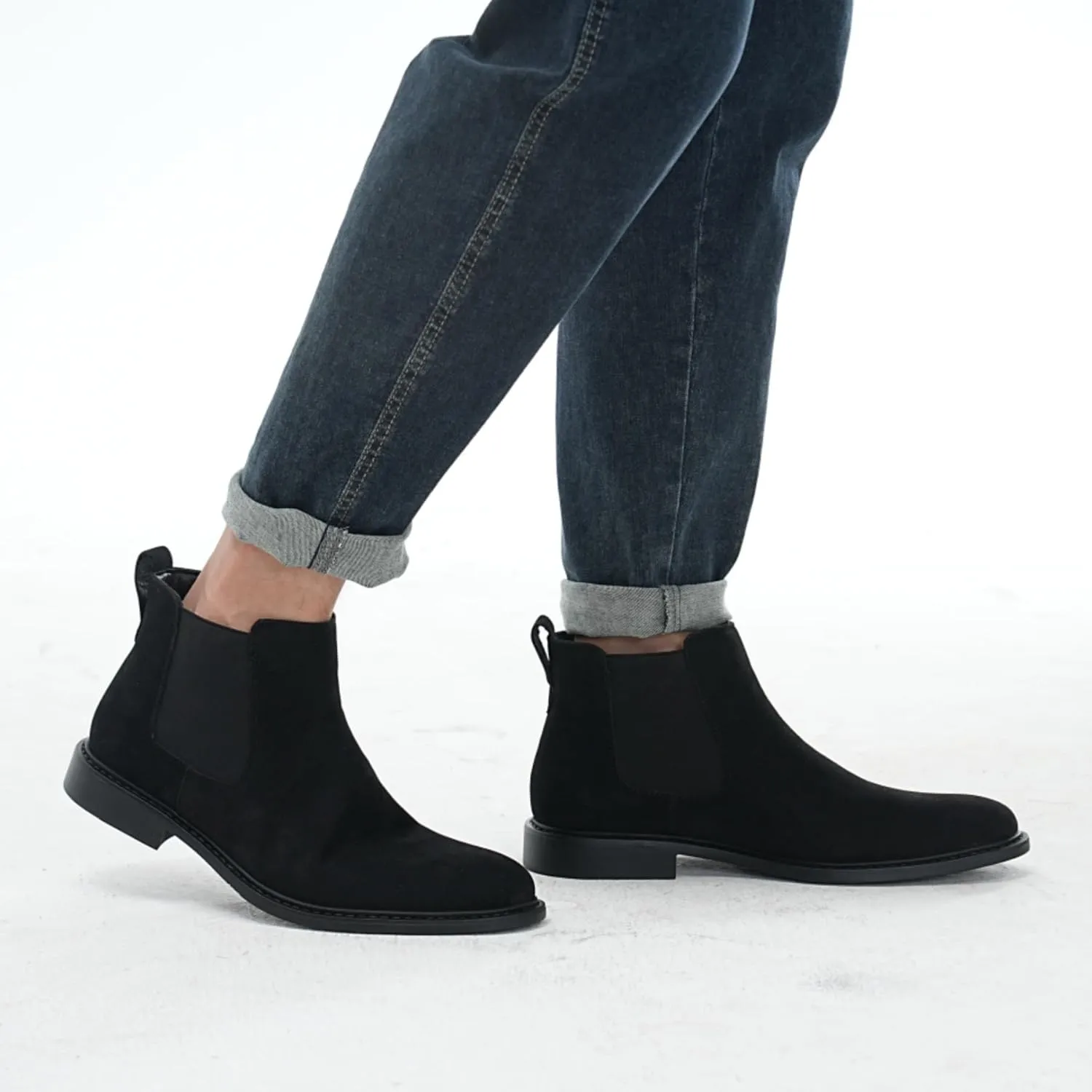 Mens Black Chelsea Boots - Classic PU Slip On Dress Boots with Side Elastic Panels - Comfort Low Heel Ankle Boots - Black 8.5