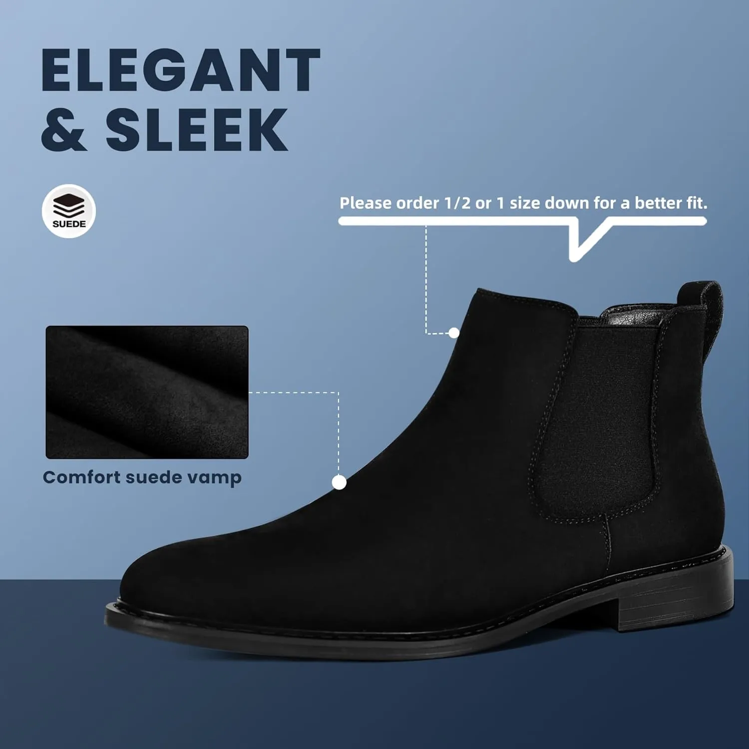Mens Black Chelsea Boots - Classic PU Slip On Dress Boots with Side Elastic Panels - Comfort Low Heel Ankle Boots - Black 8.5